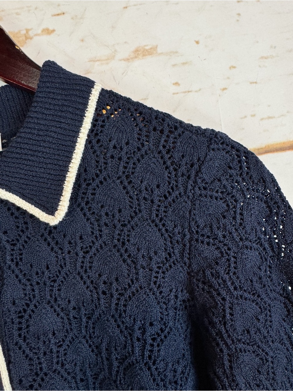 Frame | Navy and Cream Crochet Short Sleeve Knit Top, S - Picture 7 of 12